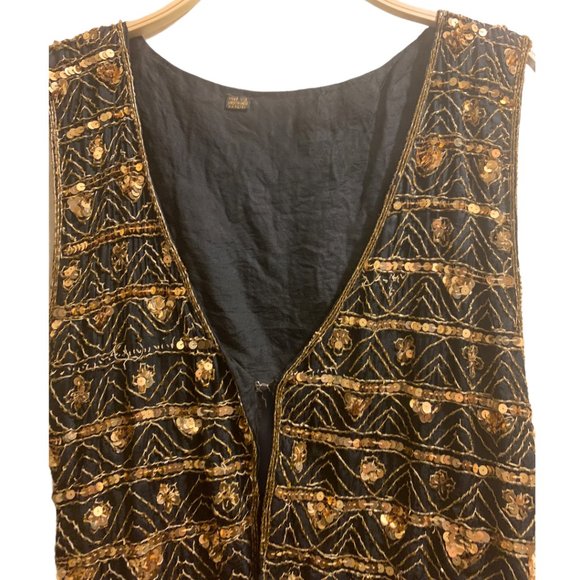 Vintage 100% Silk Black & Gold Sequin Vest | Handmade Embellished Boho Waistcoat - Picture 2 of 6